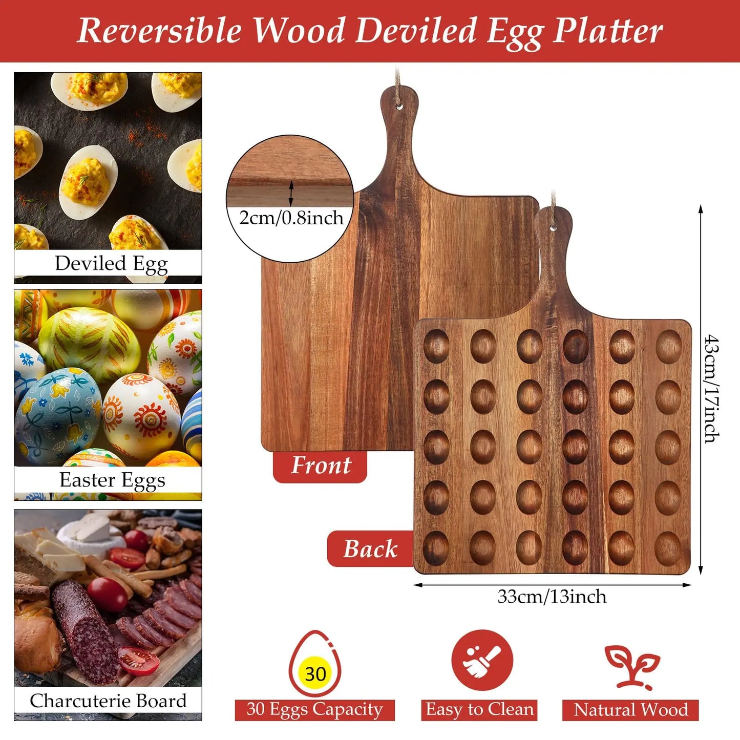 Deviled Egg Tray Acacia Charcuterie Board with Handle 15/18/24/30 Holes Wooden Serving Platter Reversible Holes Rectangle Square Egg Tray Deviled Egg Holder Cutting Board Cheese Serving Tray for Home Kichen Spring Party Kitchen Essential