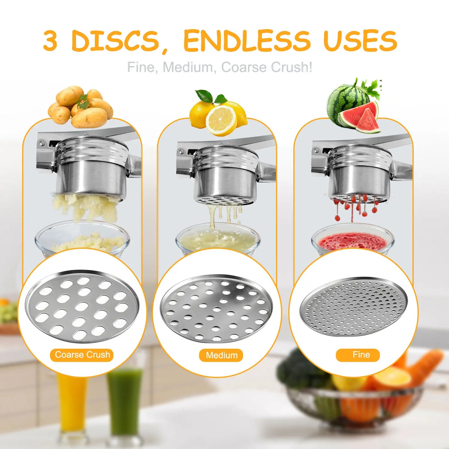 Stainless Steel Potato Ricer Masher with 3 Interchangeable Discs,Multi Functional Manual Press for Spaetzle, Gnocchi, Spaghetti, Potatoes, Fruits, Vegetables,Heavy Duty Kitchen Tool, Easy Squeeze