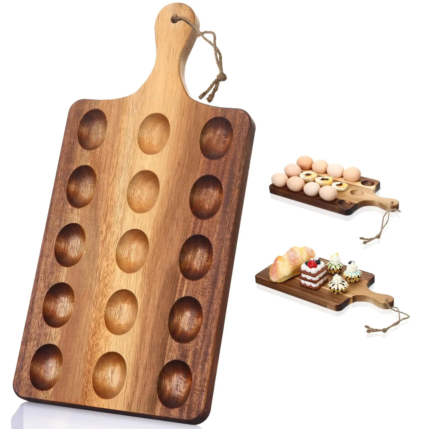 Deviled Egg Tray Acacia Charcuterie Board with Handle 15/18/24/30 Holes Wooden Serving Platter Reversible Holes Rectangle Square Egg Tray Deviled Egg Holder Cutting Board Cheese Serving Tray for Home Kichen Spring Party Kitchen Essential