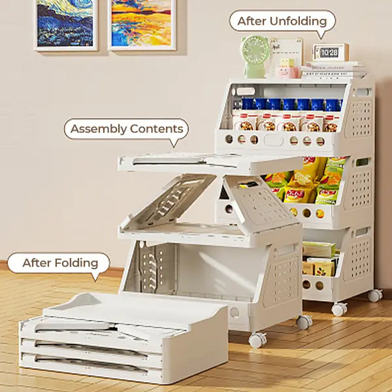2-5 Tier Stackable Rolling Storage Cart with Wheels, Foldable Storage Shelf, Multi-Purpose Plastic Organizer Rack, Mobile Storage Shelf for Kitchen Pantry, Fruits Vegetables, Snacks, Bedroom and Bathroom
