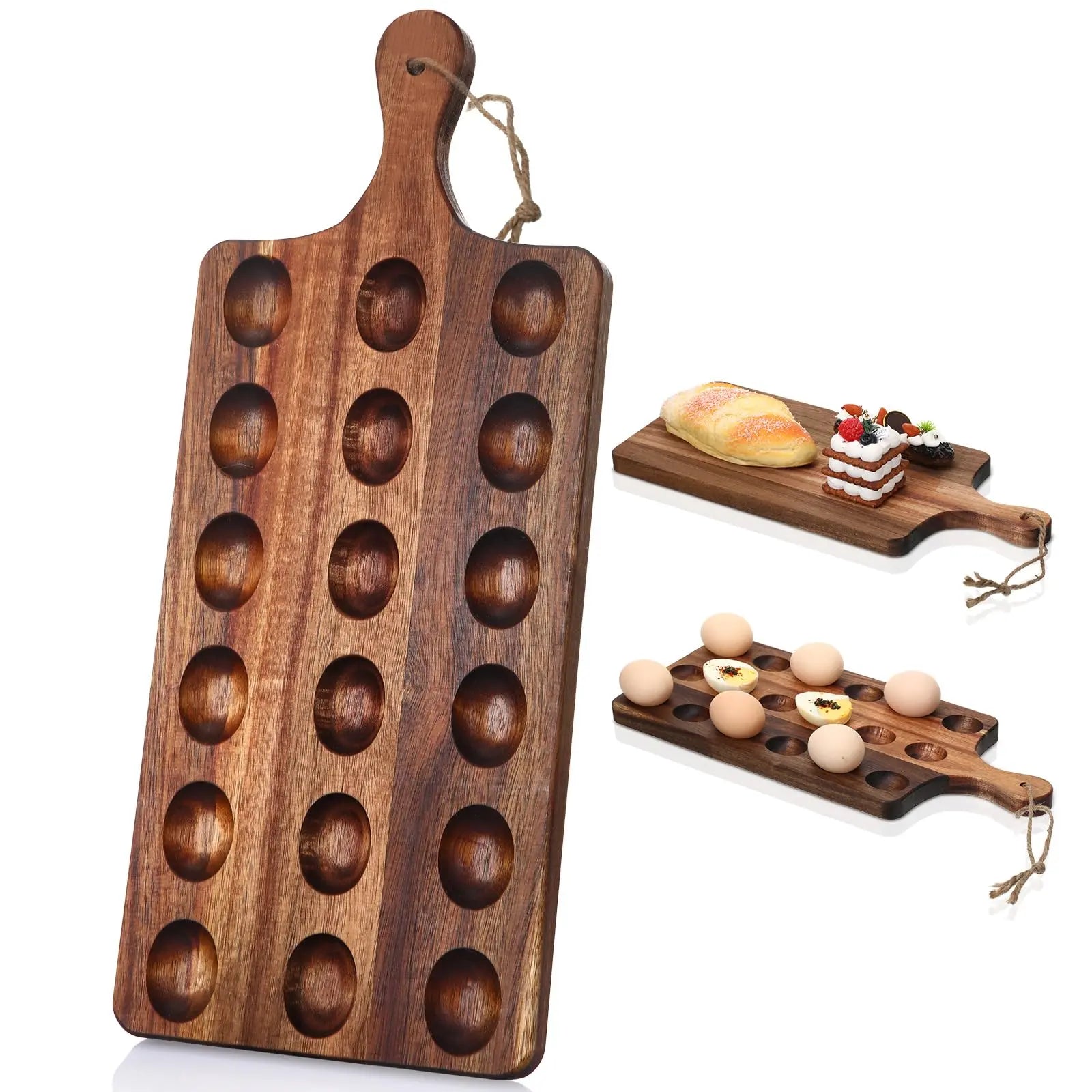 Deviled Egg Tray Acacia Charcuterie Board with Handle 15/18/24/30 Holes Wooden Serving Platter Reversible Holes Rectangle Square Egg Tray Deviled Egg Holder Cutting Board Cheese Serving Tray for Home Kichen Spring Party Kitchen Essential