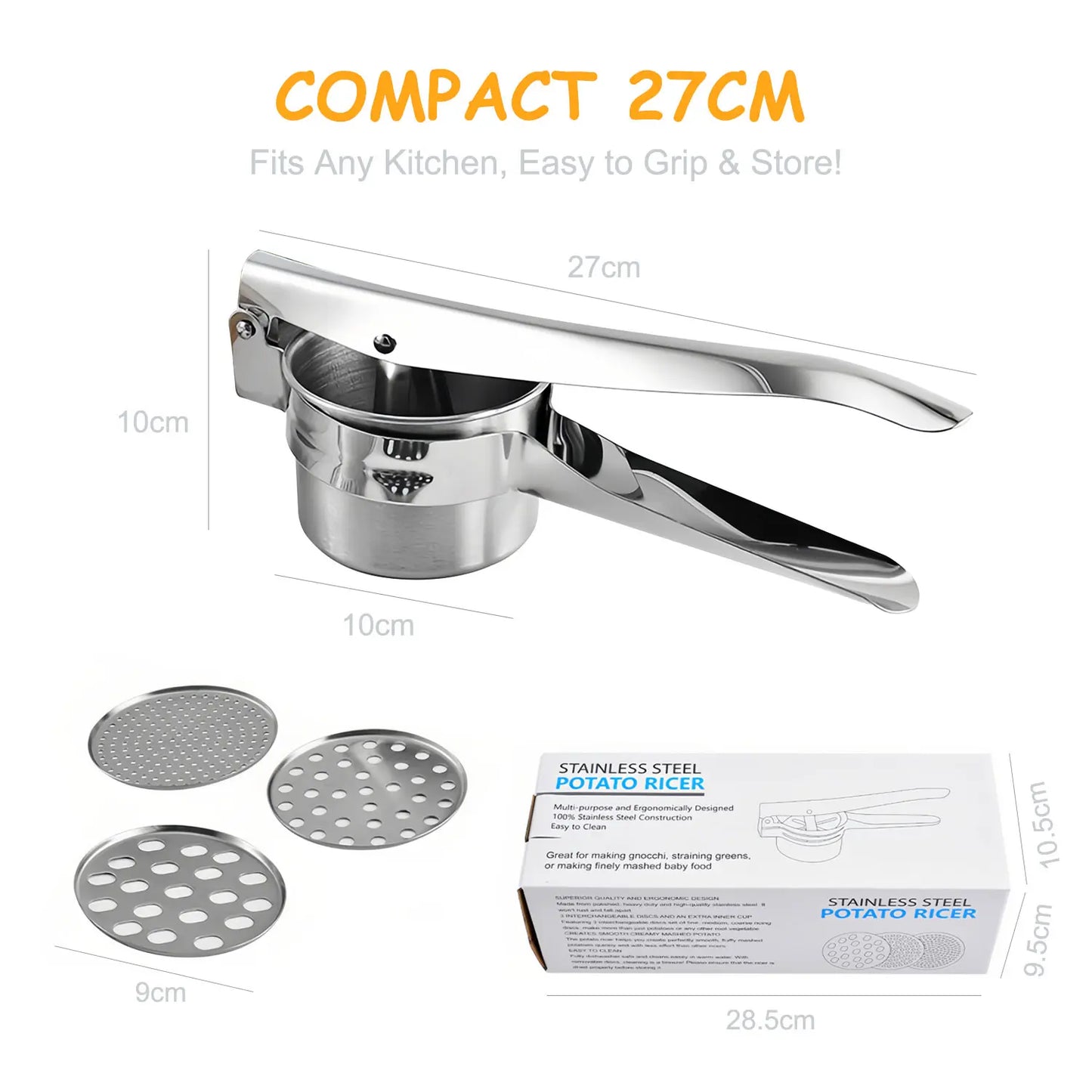 Stainless Steel Potato Ricer Masher with 3 Interchangeable Discs,Multi Functional Manual Press for Spaetzle, Gnocchi, Spaghetti, Potatoes, Fruits, Vegetables,Heavy Duty Kitchen Tool, Easy Squeeze