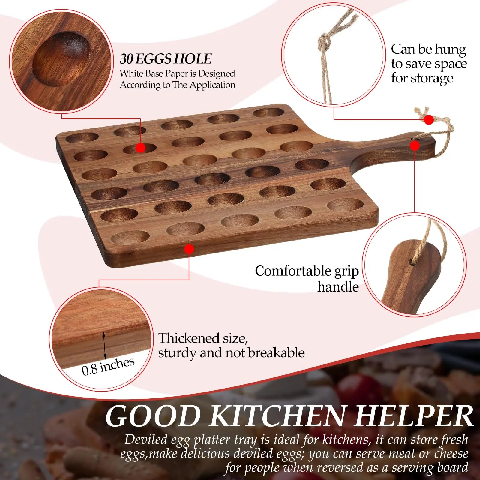 Deviled Egg Tray Acacia Charcuterie Board with Handle 15/18/24/30 Holes Wooden Serving Platter Reversible Holes Rectangle Square Egg Tray Deviled Egg Holder Cutting Board Cheese Serving Tray for Home Kichen Spring Party Kitchen Essential