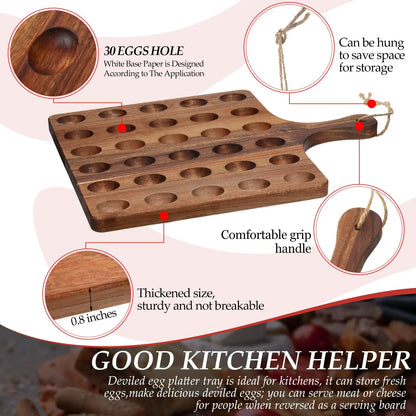 Deviled Egg Tray Acacia Charcuterie Board with Handle 15/18/24/30 Holes Wooden Serving Platter Reversible Holes Rectangle Square Egg Tray Deviled Egg Holder Cutting Board Cheese Serving Tray for Home Kichen Spring Party Kitchen Essential
