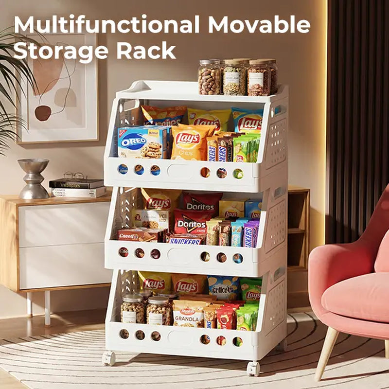 2-5 Tier Stackable Rolling Storage Cart with Wheels, Foldable Storage Shelf, Multi-Purpose Plastic Organizer Rack, Mobile Storage Shelf for Kitchen Pantry, Fruits Vegetables, Snacks, Bedroom and Bathroom
