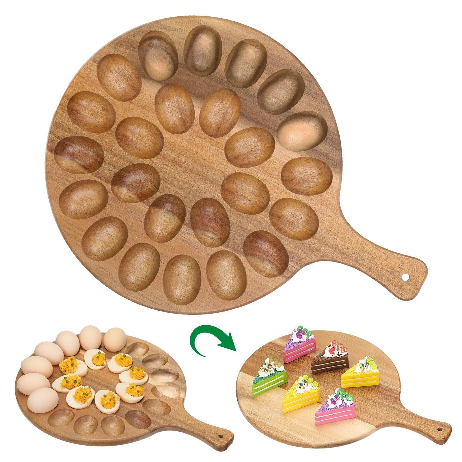 Deviled Egg Tray Acacia Charcuterie Board with Handle 15/18/24/30 Holes Wooden Serving Platter Reversible Holes Rectangle Square Egg Tray Deviled Egg Holder Cutting Board Cheese Serving Tray for Home Kichen Spring Party Kitchen Essential