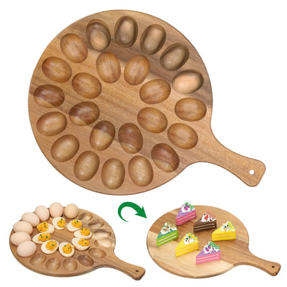 Deviled Egg Tray Acacia Charcuterie Board with Handle 15/18/24/30 Holes Wooden Serving Platter Reversible Holes Rectangle Square Egg Tray Deviled Egg Holder Cutting Board Cheese Serving Tray for Home Kichen Spring Party Kitchen Essential