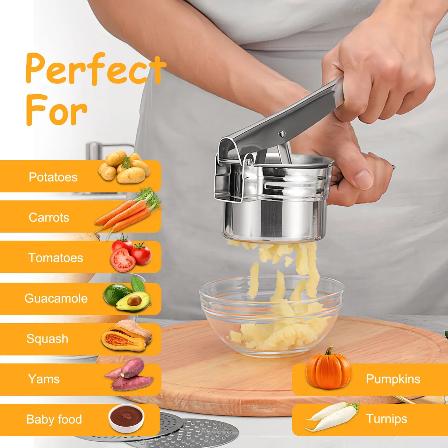 Stainless Steel Potato Ricer Masher with 3 Interchangeable Discs,Multi Functional Manual Press for Spaetzle, Gnocchi, Spaghetti, Potatoes, Fruits, Vegetables,Heavy Duty Kitchen Tool, Easy Squeeze