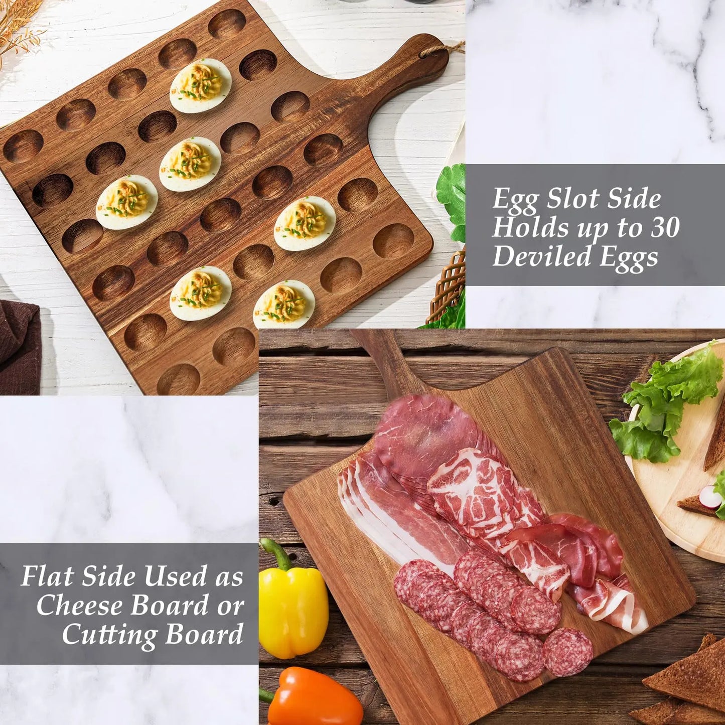 Deviled Egg Tray Acacia Charcuterie Board with Handle 15/18/24/30 Holes Wooden Serving Platter Reversible Holes Rectangle Square Egg Tray Deviled Egg Holder Cutting Board Cheese Serving Tray for Home Kichen Spring Party Kitchen Essential