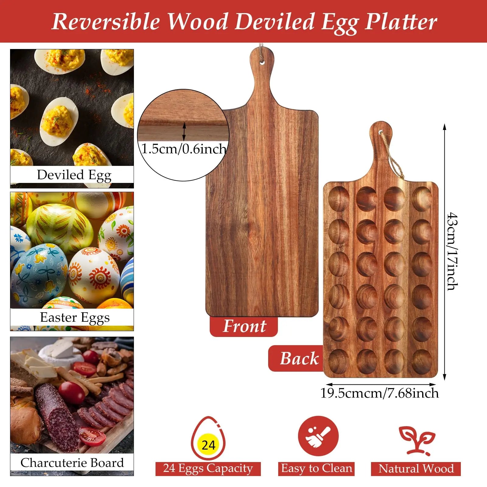 Deviled Egg Tray Acacia Charcuterie Board with Handle 15/18/24/30 Holes Wooden Serving Platter Reversible Holes Rectangle Square Egg Tray Deviled Egg Holder Cutting Board Cheese Serving Tray for Home Kichen Spring Party Kitchen Essential