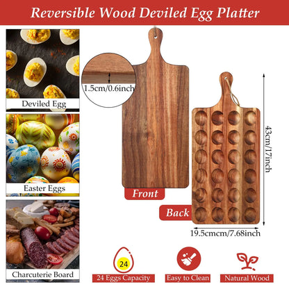 Deviled Egg Tray Acacia Charcuterie Board with Handle 15/18/24/30 Holes Wooden Serving Platter Reversible Holes Rectangle Square Egg Tray Deviled Egg Holder Cutting Board Cheese Serving Tray for Home Kichen Spring Party Kitchen Essential