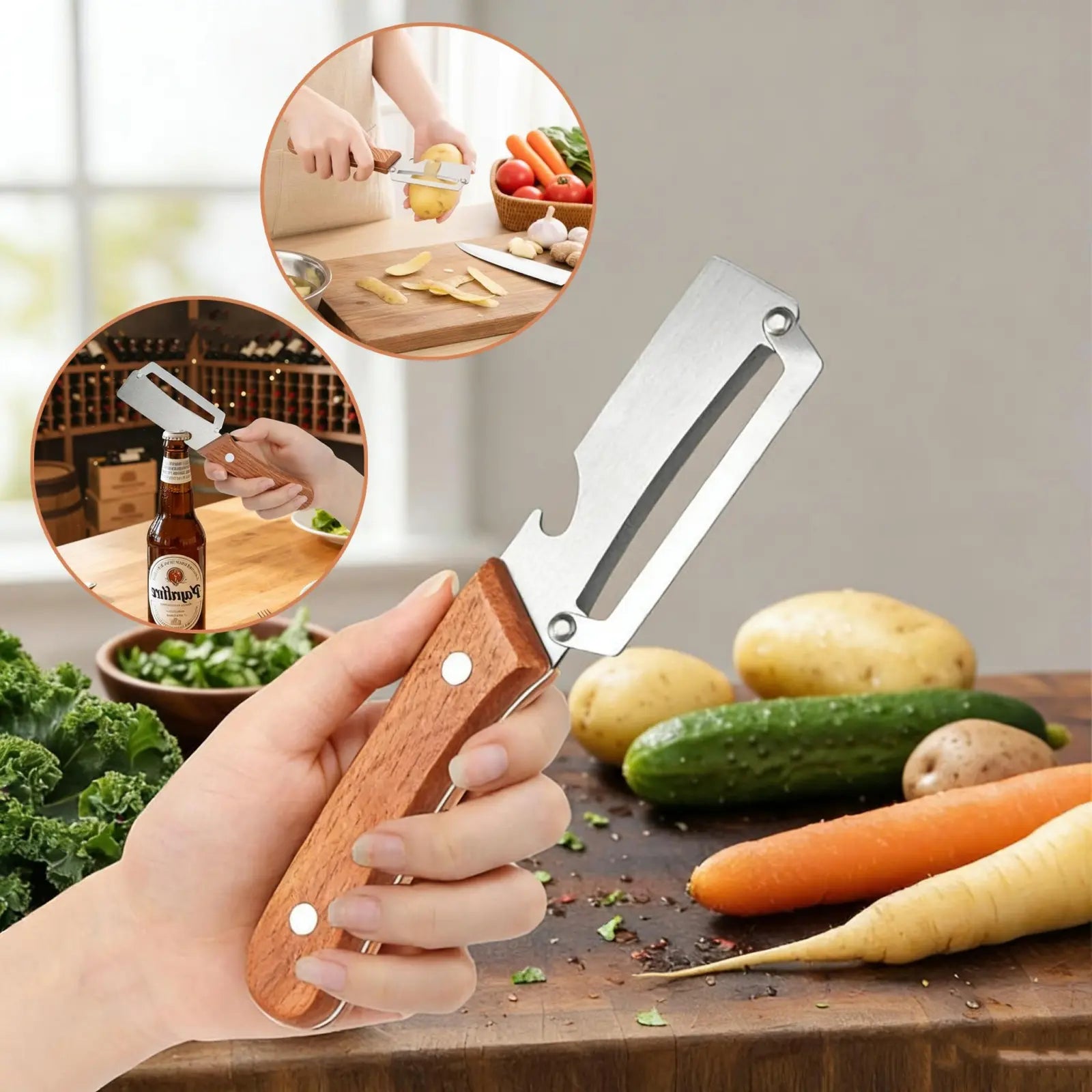 Premium-Grade Fruit & Vegetable Peeler| Sharp Stainless Steel Blade, Ergonomic Wooden Handle + Built-In Bottle Opener – Ideal for Daily Kitchen Use