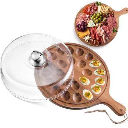 Deviled Egg Tray Acacia Charcuterie Board with Handle 15/18/24/30 Holes Wooden Serving Platter Reversible Holes Rectangle Square Egg Tray Deviled Egg Holder Cutting Board Cheese Serving Tray for Home Kichen Spring Party Kitchen Essential