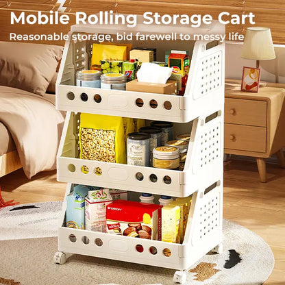 2-5 Tier Stackable Rolling Storage Cart with Wheels, Foldable Storage Shelf, Multi-Purpose Plastic Organizer Rack, Mobile Storage Shelf for Kitchen Pantry, Fruits Vegetables, Snacks, Bedroom and Bathroom