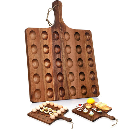 Deviled Egg Tray Acacia Charcuterie Board with Handle 15/18/24/30 Holes Wooden Serving Platter Reversible Holes Rectangle Square Egg Tray Deviled Egg Holder Cutting Board Cheese Serving Tray for Home Kichen Spring Party Kitchen Essential