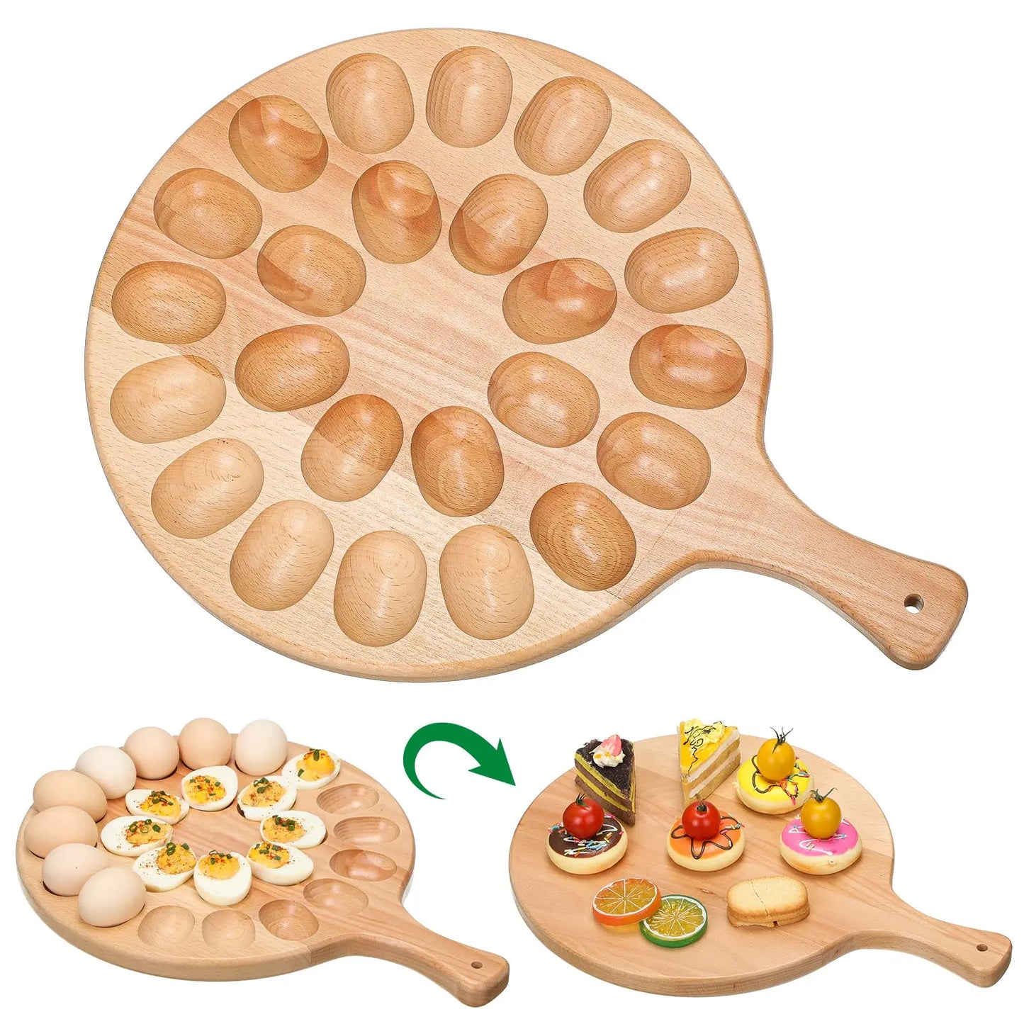 Deviled Egg Tray Acacia Charcuterie Board with Handle 15/18/24/30 Holes Wooden Serving Platter Reversible Holes Rectangle Square Egg Tray Deviled Egg Holder Cutting Board Cheese Serving Tray for Home Kichen Spring Party Kitchen Essential
