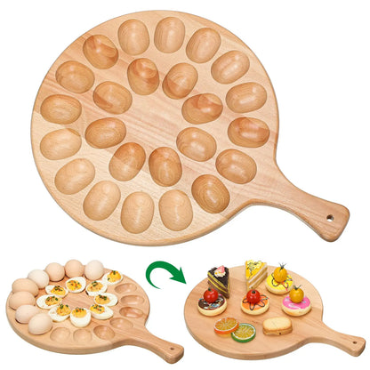 Deviled Egg Tray Acacia Charcuterie Board with Handle 15/18/24/30 Holes Wooden Serving Platter Reversible Holes Rectangle Square Egg Tray Deviled Egg Holder Cutting Board Cheese Serving Tray for Home Kichen Spring Party Kitchen Essential