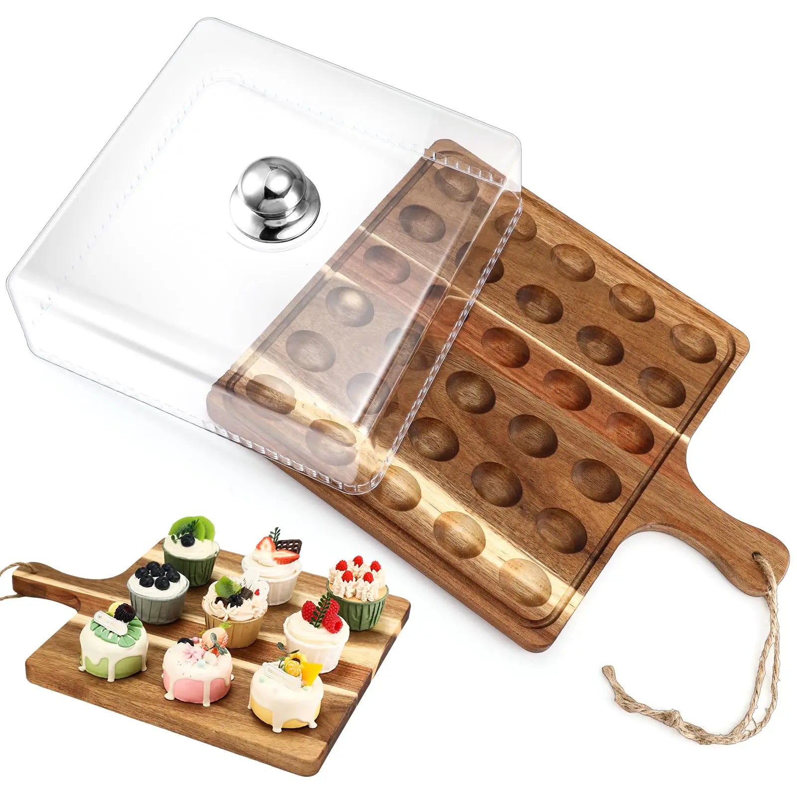 Deviled Egg Tray Acacia Charcuterie Board with Handle 15/18/24/30 Holes Wooden Serving Platter Reversible Holes Rectangle Square Egg Tray Deviled Egg Holder Cutting Board Cheese Serving Tray for Home Kichen Spring Party Kitchen Essential
