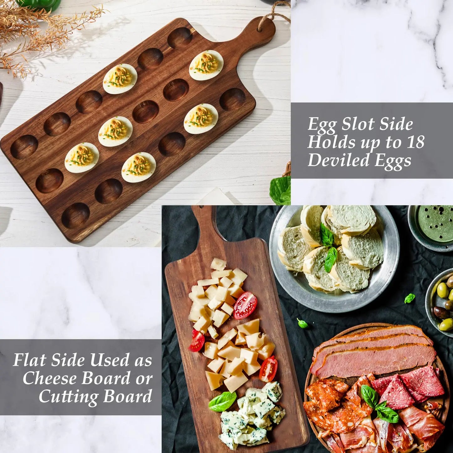 Deviled Egg Tray Acacia Charcuterie Board with Handle 15/18/24/30 Holes Wooden Serving Platter Reversible Holes Rectangle Square Egg Tray Deviled Egg Holder Cutting Board Cheese Serving Tray for Home Kichen Spring Party Kitchen Essential