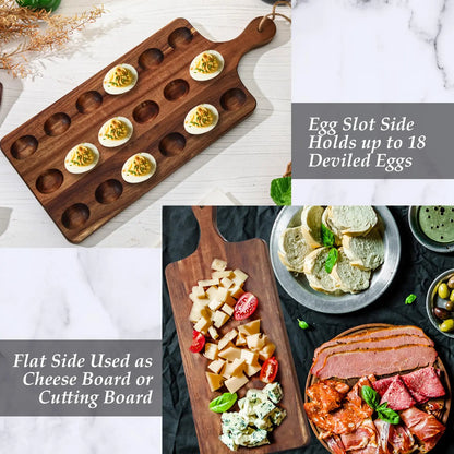 Deviled Egg Tray Acacia Charcuterie Board with Handle 15/18/24/30 Holes Wooden Serving Platter Reversible Holes Rectangle Square Egg Tray Deviled Egg Holder Cutting Board Cheese Serving Tray for Home Kichen Spring Party Kitchen Essential