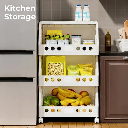 2-5 Tier Stackable Rolling Storage Cart with Wheels, Foldable Storage Shelf, Multi-Purpose Plastic Organizer Rack, Mobile Storage Shelf for Kitchen Pantry, Fruits Vegetables, Snacks, Bedroom and Bathroom